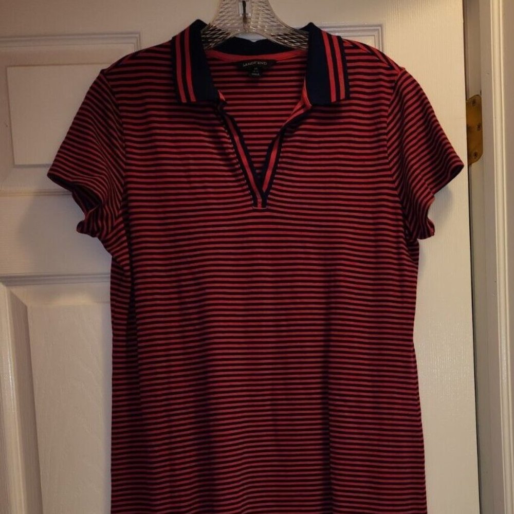 Lands' End Pink And Navy Blue Stripe Knit Collared Polo Dress Size Medium 10-12